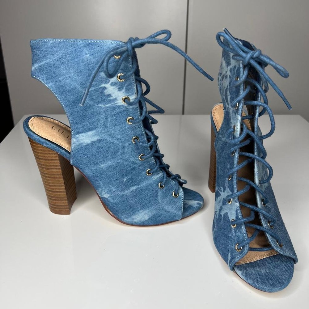 Denim Lace Up Block Heel Booties